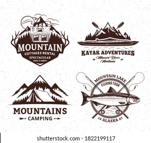 Vector mountain and outdoor active recreation and tourism badges. Mountain camping, cottage rental, kayaking and fishing illustrations