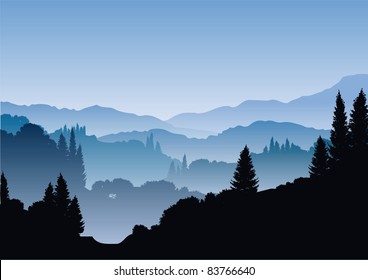 vector mountain panoramic landscape with firs and misty valleys