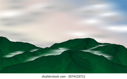 vector mountain picture with fog and clouds in the morning or evening.