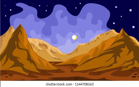 The vector mountain of red desert at night .