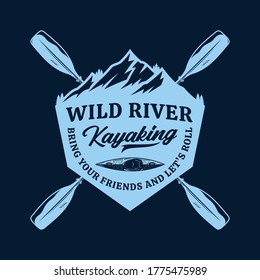 Vector mountain river kayak adventures, camp or club logo with paddles, boat and mountain silhouette. Water sport, kayaking, canoeing, rafting badge design concept