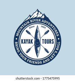 Vector mountain river kayak adventures logo with paddles, boat and mountain silhouette. Water sport, kayaking, canoeing, rafting badge design concept