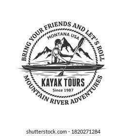 Vector mountain river kayak tours logo. Water sport and  kayaking badge design concept