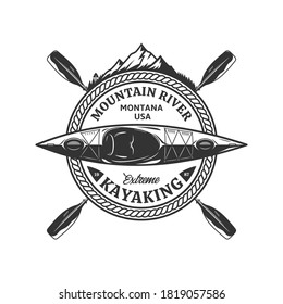 Vector mountain river kayaking logo with boat , paddles and mountain silhouette. Water sport and kayaking badge design concept