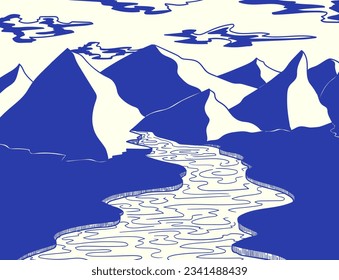 vector mountain and river landscape flat design background