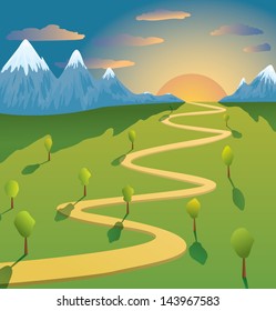 Vector mountain and road landscape at sunset