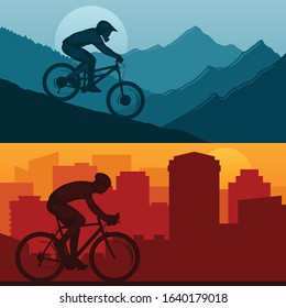 Vector mountain and road urban biking illustrations with a rider on a bicycle and wild nature and city landscapes