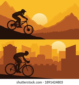 Vector mountain and road urban biking illustrations with a rider on a bicycle and wild nature and city landscapes