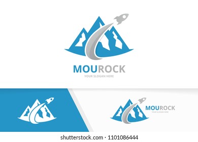 Vector mountain and rocket logo combination. Nature and airplane symbol or icon. Unique hill and flight logotype design template.