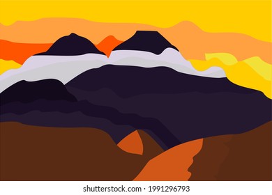 vector mountain scenery in the foggy afternoon