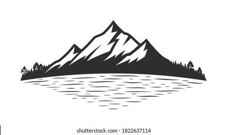 Vector mountain silhouette and coniferous forest near mountain lake or river