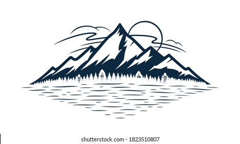 Vector mountain silhouette and coniferous forest with clouds, sun and glare on the lake or river