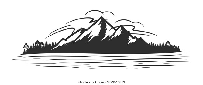 Vector mountain silhouette, coniferous forest and glare on the mountain lake or river