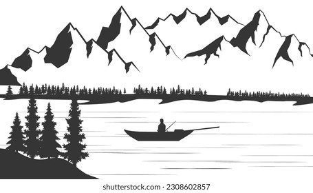 Silueta vectorial de montaña, bosque de coníferas y barco en lago o río de montaña.