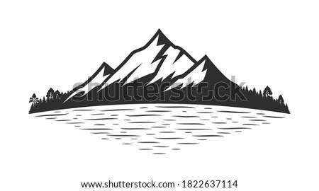 Vector mountain silhouette and coniferous forest near mountain lake or river