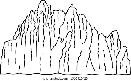 Vector mountain silhouette illustration drawn by lines. Hand drawn black mountain print .You can use it for winter camping logo, sign, travel labels, climbing, hiking badges, mug prints and more