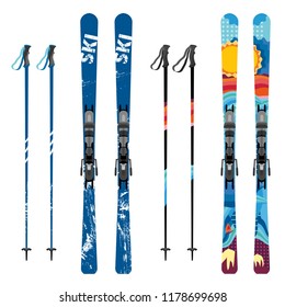 Vector mountain ski and sticks detailed on white background. Mountain skis and sticks sport equipment