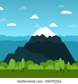 Vector mountain and sky with clouds, forest illustration. Alps flat design