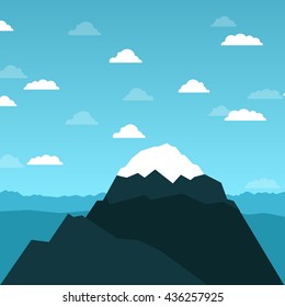 Vector mountain and sky with clouds, forest illustration. Alps flat design