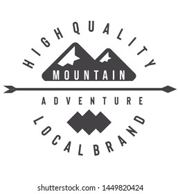 Vector mountain with snow on its peak decorated with arrow arch shaped text which can be used as extreme adventure TV show logo or brand of outdoor gear
