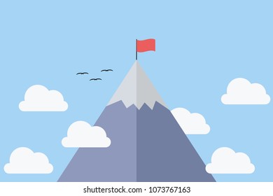 vector of mountain stay alone with bird. It has flag that mean there have man got success.