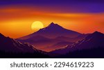 Vector mountain sunset landscape illustration with sun behind the mountain