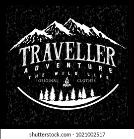 Vector mountain with texture. Sketch illustration with quote. traveller adventure