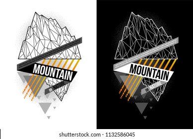 Vector mountain T-shirt design with triangle and line geometric style  on white and black background