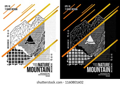 Vector mountain T-shirt design with triangle and texture line geometric style  on white and black background