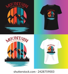  Vector mountain typography graphics for slogan tee shirt with sun and stripes.
