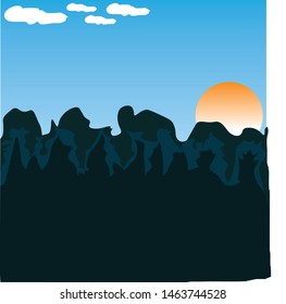 Vector, mountain views, sky and sun