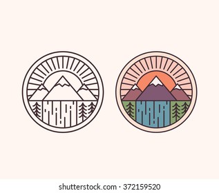 Vector mountain with waterfall, outline style and colored. National park emblem badge vector illustration.