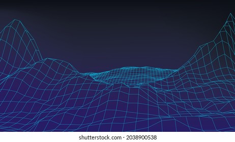 Vector mountain wireframe landscape. Technology polygonal terrain. Futuristic blue background.
