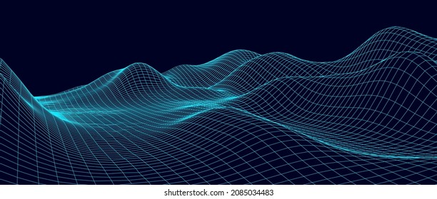 Vector mountain wireframe landscape. Technology polygonal terrain. Futuristic blue background.