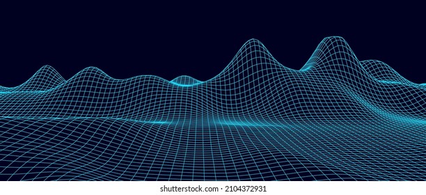 Vector mountain wireframe landscape. Technology polygonal terrain. Futuristic blue background.