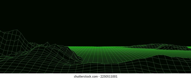 Vector mountain wireframe landscape. Technology polygonal terrain. Futuristic green background.