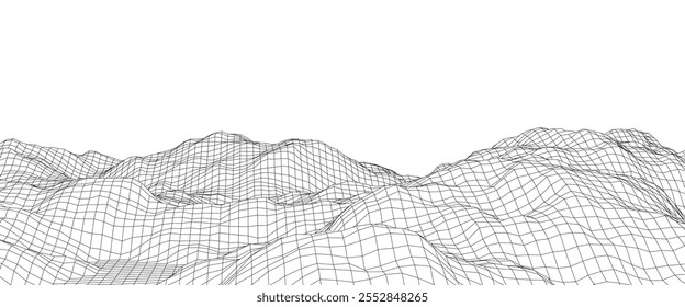 Vetor montanha wireframe paisagem. Tecnologia de terreno poligonal. Fundo branco futurista.