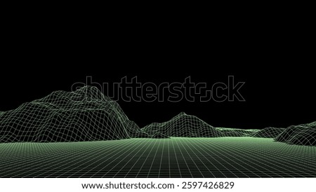 Vector mountain wireframe landscape. Technology polygonal terrain. Futuristic green background.