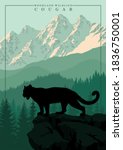 vector mountain in woodland on Rocky mountains with Puma, Cougar, mountain lion 