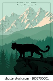 montaña vectorial en bosques en montañas rocosas con Puma, Cougar, león de montaña 