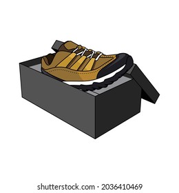 Botas de montañismo vectorial y la caja, imagen vectorial de zapatos. zapatos y caja de oro