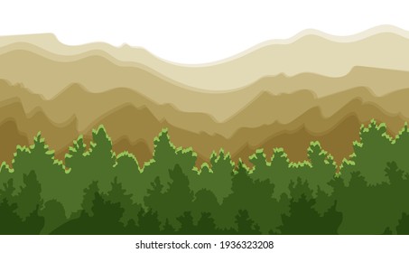 Fondo de Montañas Vectoras, Bosque Verde, Ilustración Colorida, Capas Planas, Fondo Gráfico, Naturaleza Salvaje, Colores Cálidos.