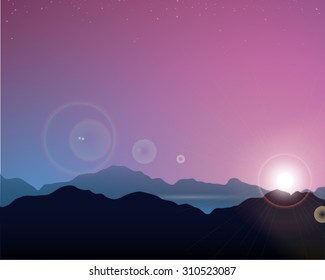 vector mountains background, sunset, sunrise, magic background