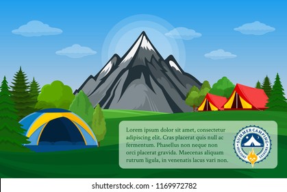 Vector mountains camping horizontal banner. Wild nature landscape with tourist tent, meadow, mountain, campfire and trees.