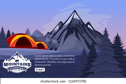 Vector mountains camping horizontal banner. Wild nature landscape with tourist tent, meadow, mountain, campfire and trees.