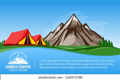 Vector mountains camping horizontal banner. Wild nature landscape with tourist tent, meadow, mountain, campfire and trees.