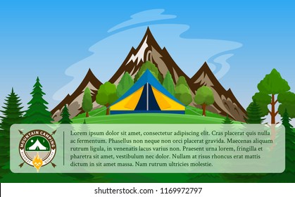 Vector mountains camping horizontal banner. Wild nature landscape with tourist tent, meadow, mountain, campfire and trees.