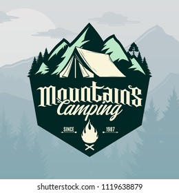 Vector mountains camping and outdoor recreation logo. Tourism, hiking and campground badge.