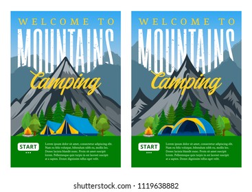 Vector mountains camping vertical banners. Wild nature landscapes with tourist tents, green meadow, mountain, campfire and trees.