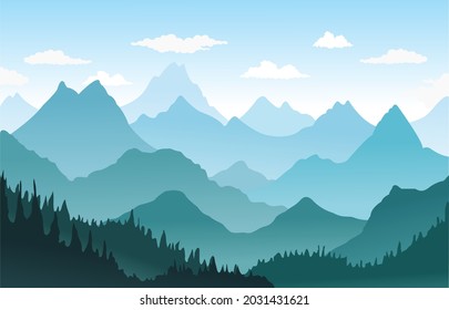 Vector mountains and  coniferous forest landscape pine trees with blue sky .background illustration.